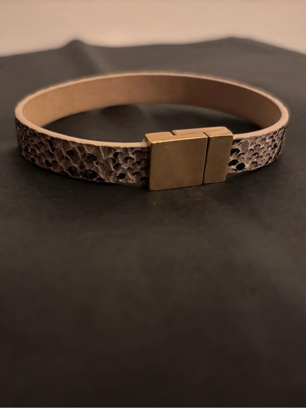 Taupe Textured Leather Bracelet with Gold Magnetic Clasp